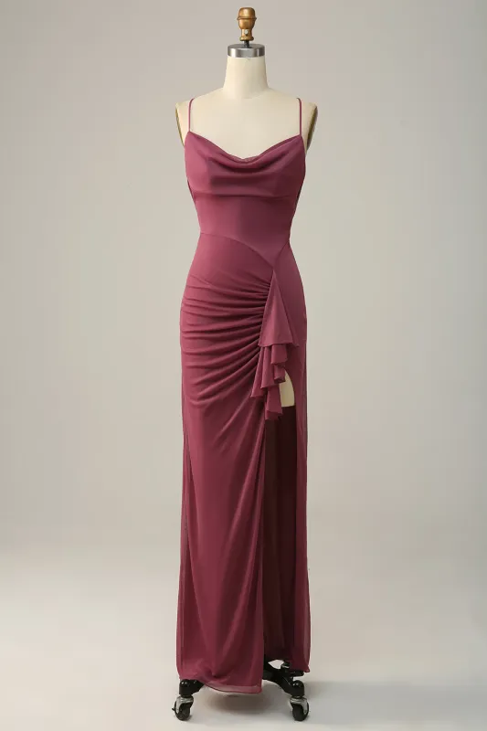 Desert Rose Spaghetti Straps Draped Chiffon Bridesmaid Dress with Slit sold by Wedtrend