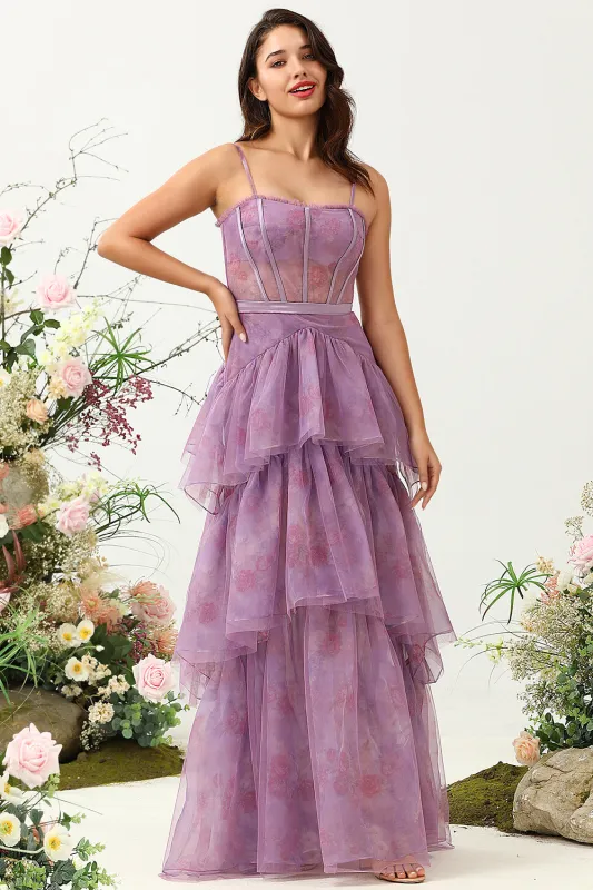 Purple A Line Spaghetti Straps Tulle Corset Tiered Wedding Guest Dress sold by Wedtrend