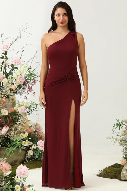 Burgundy Mermaid One Shoulder Chiffon Bridesmaid Dress with Slit made by Wedtrend