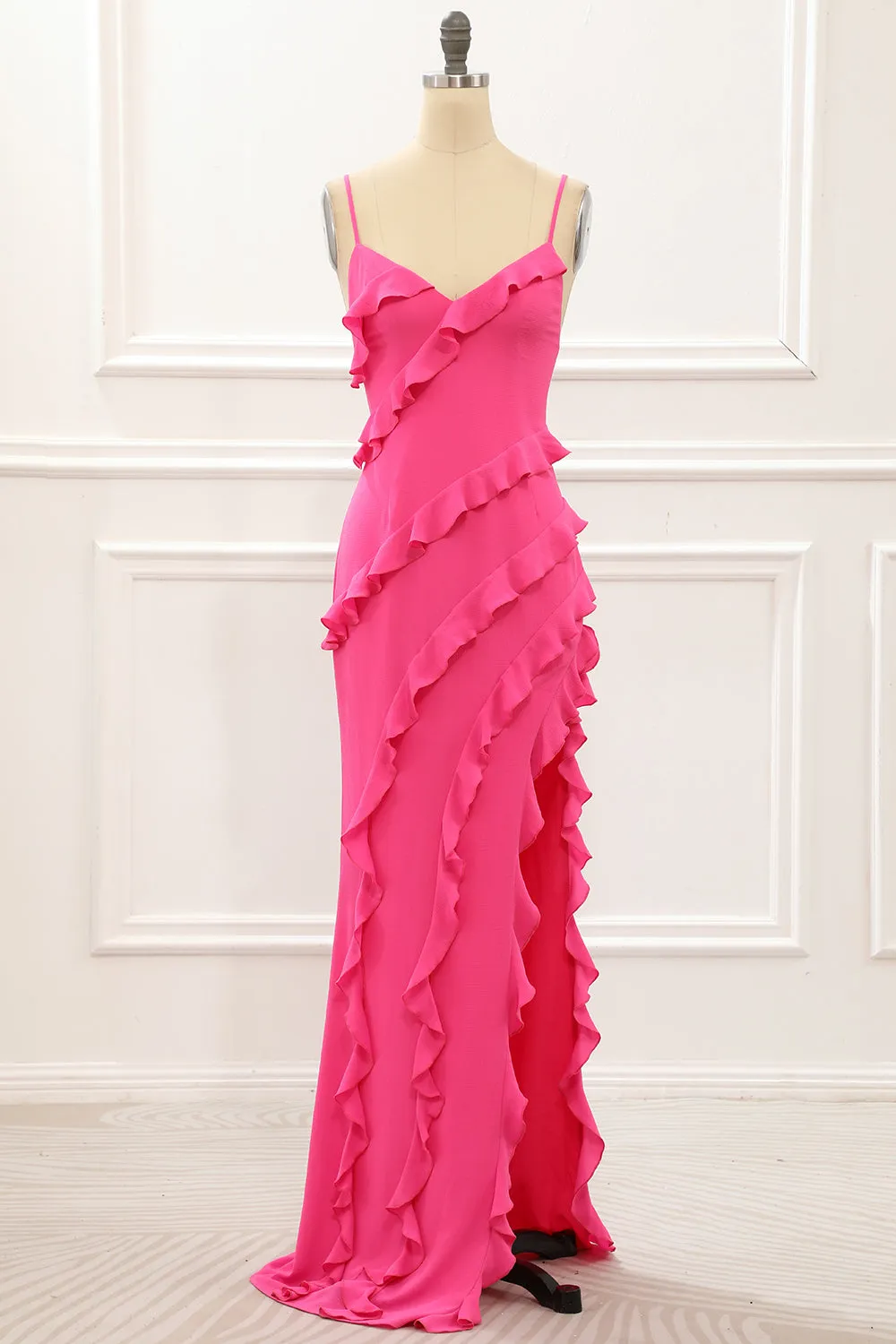 Hot Pink Sheath Spaghetti Straps Maxi Dress with Ruffles Slit sold by Wedtrend
