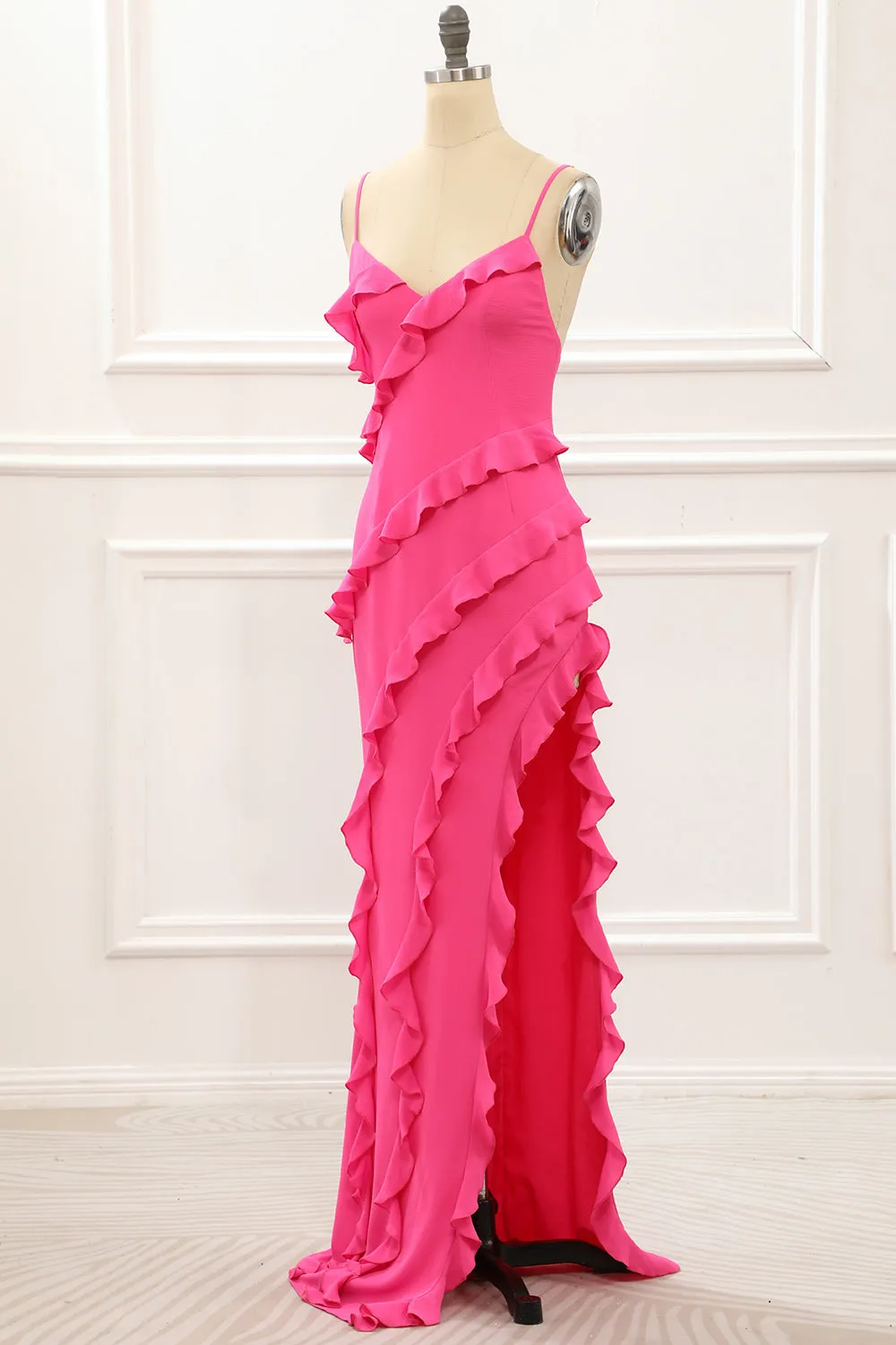 Hot Pink Sheath Spaghetti Straps Maxi Dress with Ruffles Slit sold by Wedtrend product image thumbnail 3