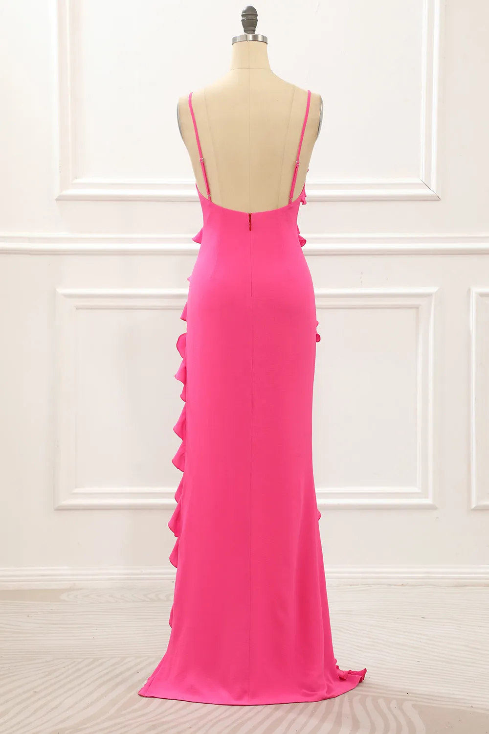Hot Pink Sheath Spaghetti Straps Maxi Dress with Ruffles Slit sold by Wedtrend product image thumbnail 2