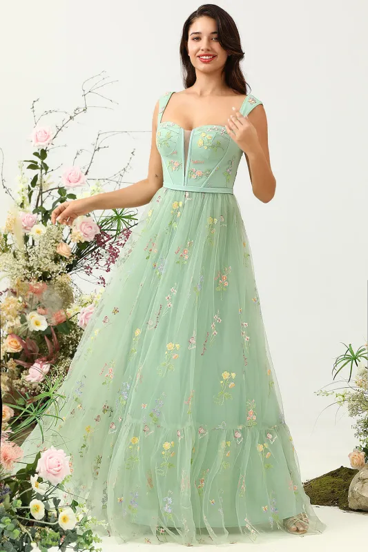 Green A-Line Square Neck Long Party Dress with Embroidery made by Wedtrend