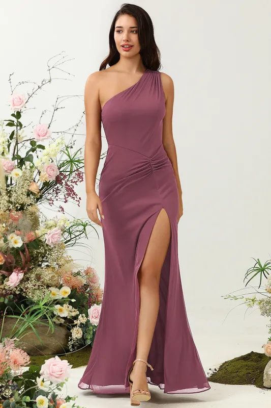 Desert Rose Mermaid One Shoulder Long Bridesmaid Dress with Slit sold by Wedtrend