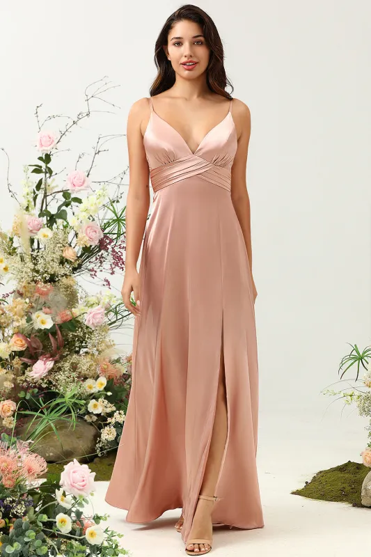 Blush A Line Spaghetti Straps Bright Satin Bridesmaid Dress with Slit sold by Wedtrend