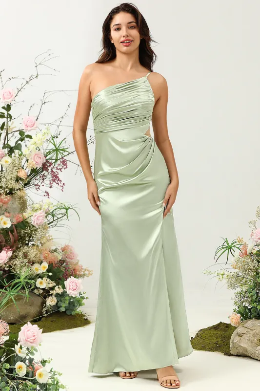 Sage A Line One Shoulder Bright Satin Bridesmaid Dress with Slit made by Wedtrend