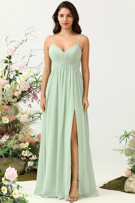 Sage A Line Spaghetti Straps Ruched Long Chiffon Bridesmaid Dress with Slit made by Wedtrend