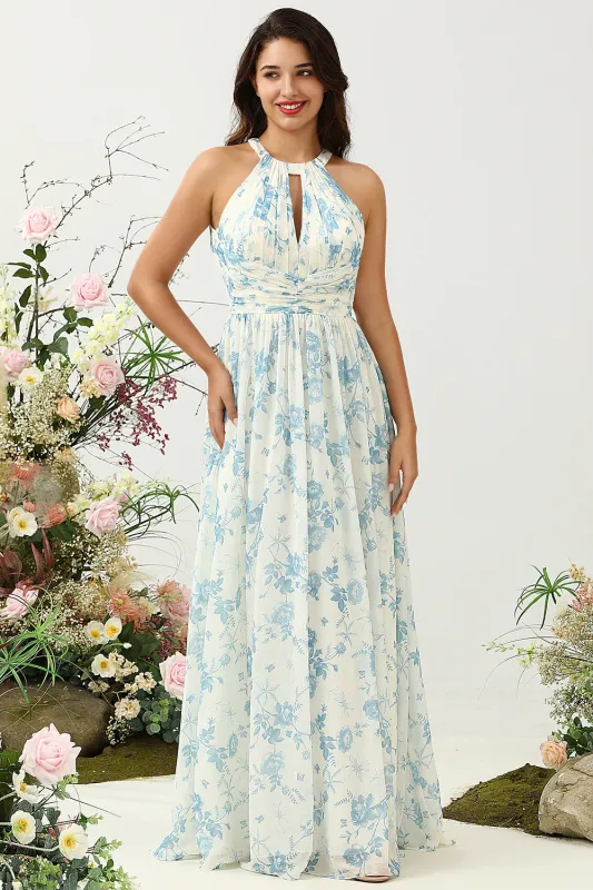 White Blue Flower A Line Halter Backless Ruched Chiffon Bridesmaid Dress sold by Wedtrend
