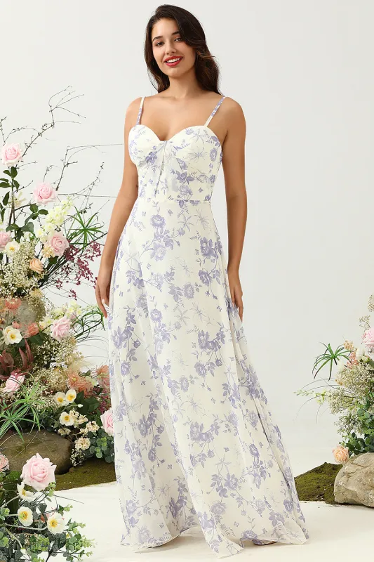 White Purple Flower A-Line Spaghetti Straps Chiffon Long Bridesmaid Dress sold by Wedtrend