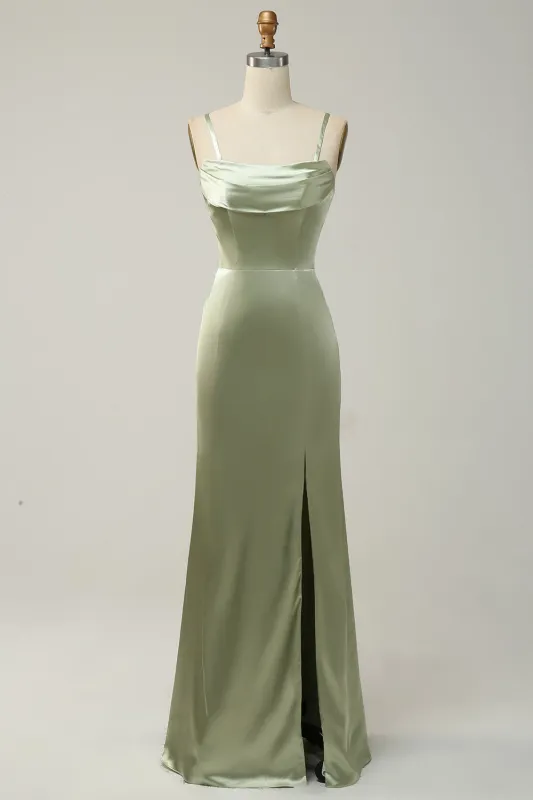 Green Sheath Convertible Strapless Satin Floor-Length Dress with Slit made by Wedtrend