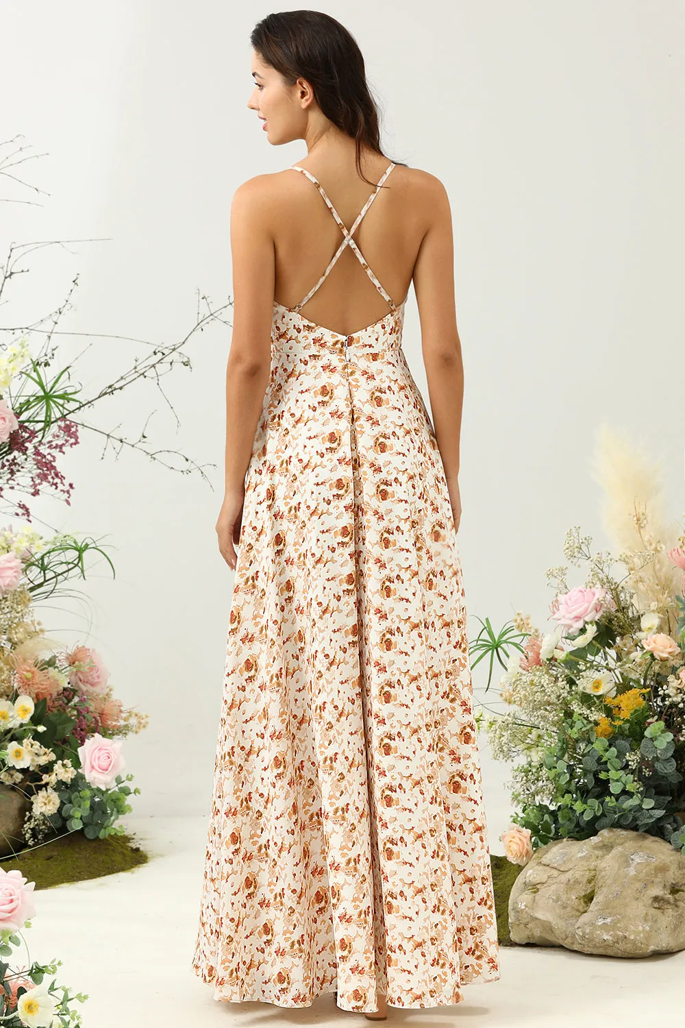 White A Line Print Floral Boho Satin Bridesmaid Dress with Ruffles sold by Wedtrend product image thumbnail 2