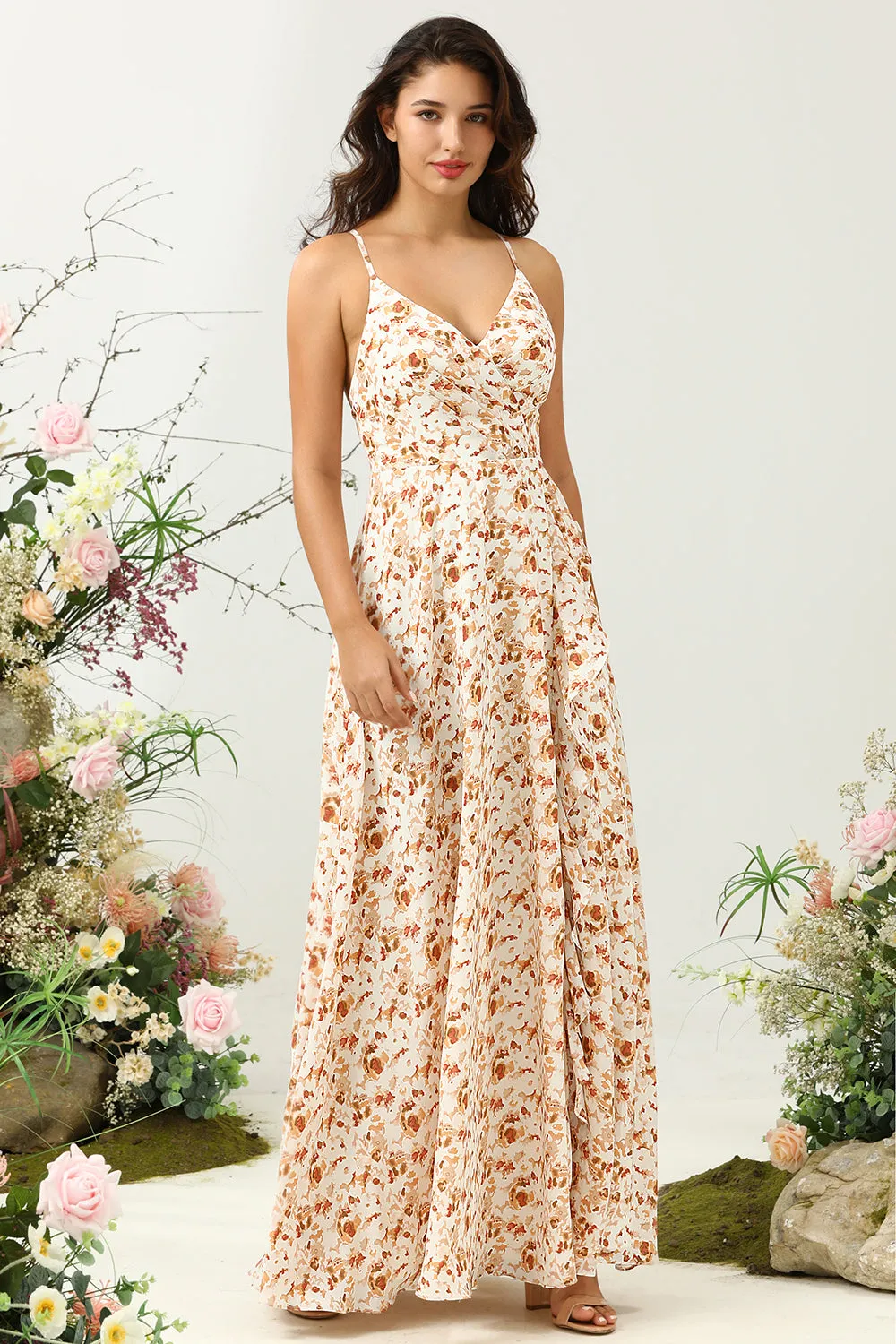 White A Line Print Floral Boho Satin Bridesmaid Dress with Ruffles sold by Wedtrend product image thumbnail 4