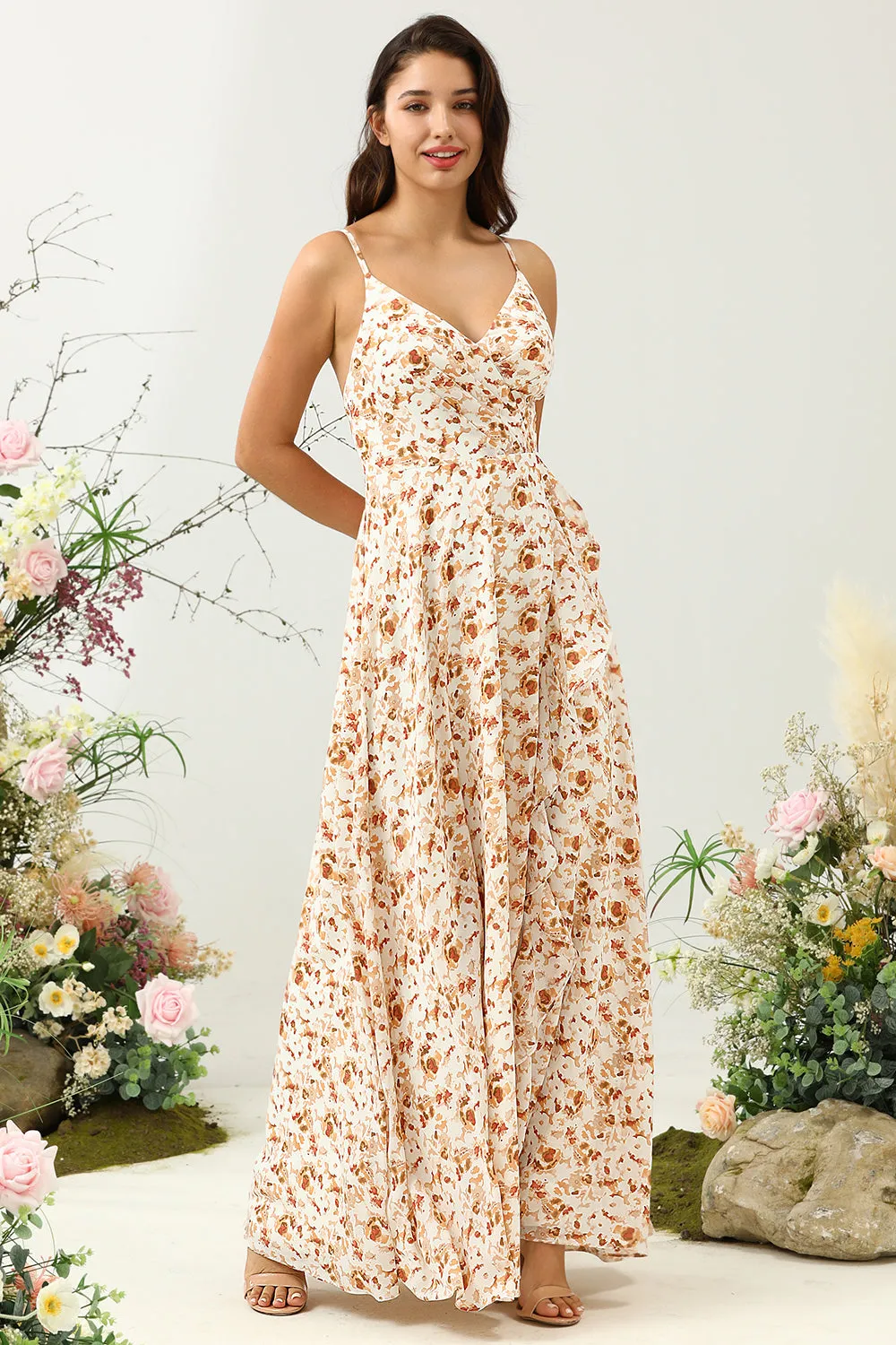 White A Line Print Floral Boho Satin Bridesmaid Dress with Ruffles sold by Wedtrend product image thumbnail 3