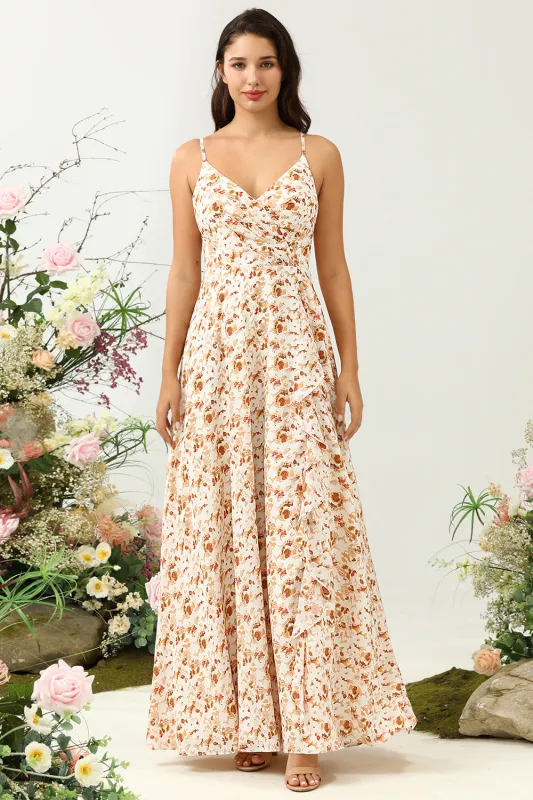 White A Line Print Floral Boho Satin Bridesmaid Dress with Ruffles sold by Wedtrend