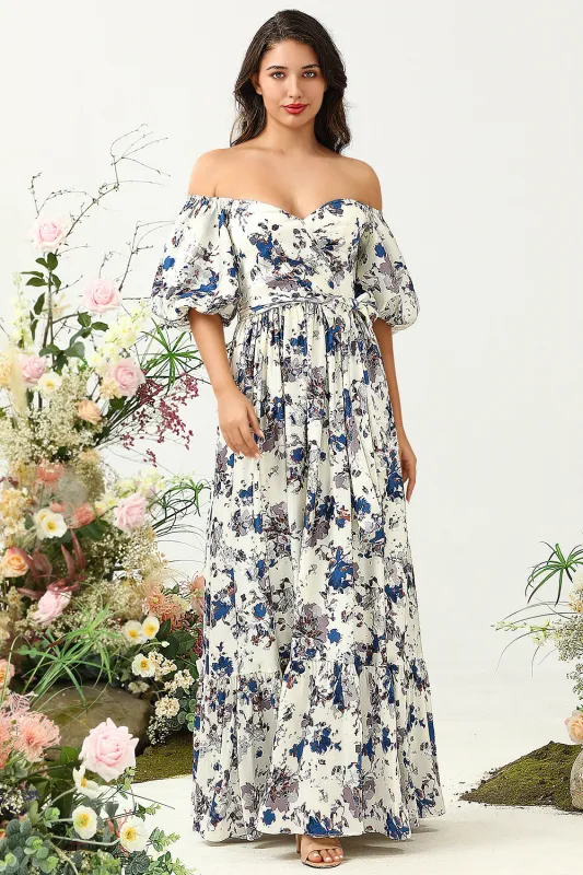 White Blue Flower A Line Off The Shoulder Print Satin Bridesmaid Dress sold by Wedtrend
