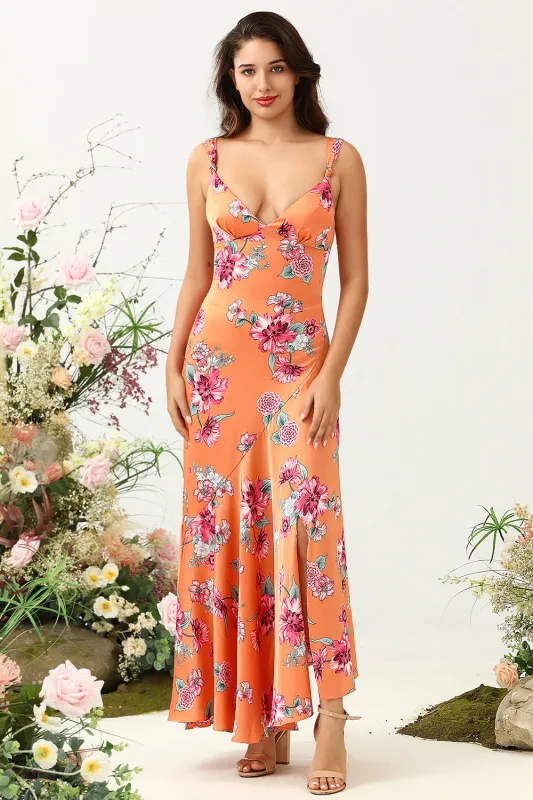 Orange Floral Asymmetrical Floral Print Bright Satin Boho Bridesmaid Dress sold by Wedtrend