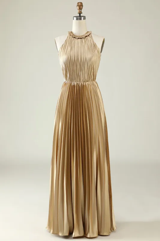 Golden A Line Halter Pleated Long Bridesmaid Dress with Open Back made by Wedtrend