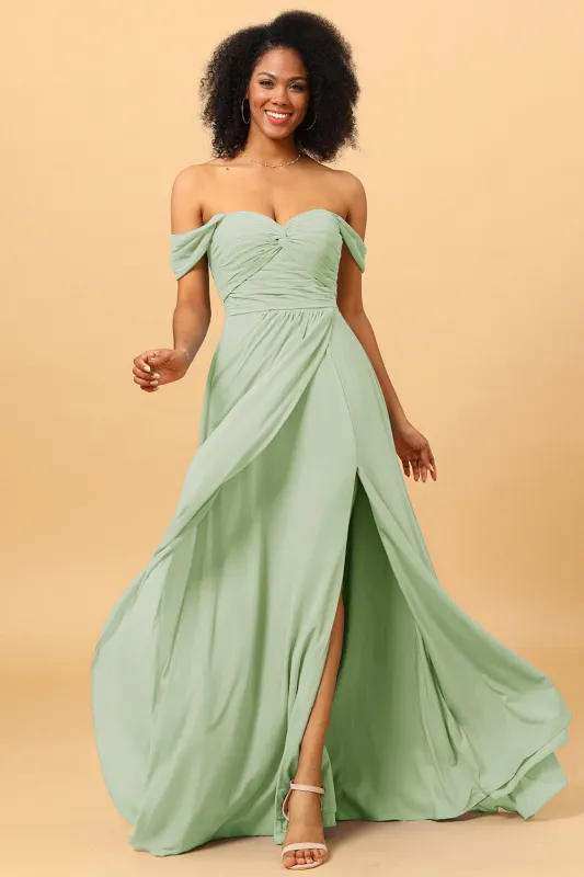 A Line Off the Shoulder Ruched Chiffon Floor-Length Bridesmaid Dress with Slit made by Wedtrend