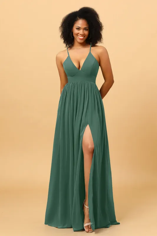 A Line Spaghetti Straps Chiffon Long Bridesmaid Dress with Slit sold by Wedtrend