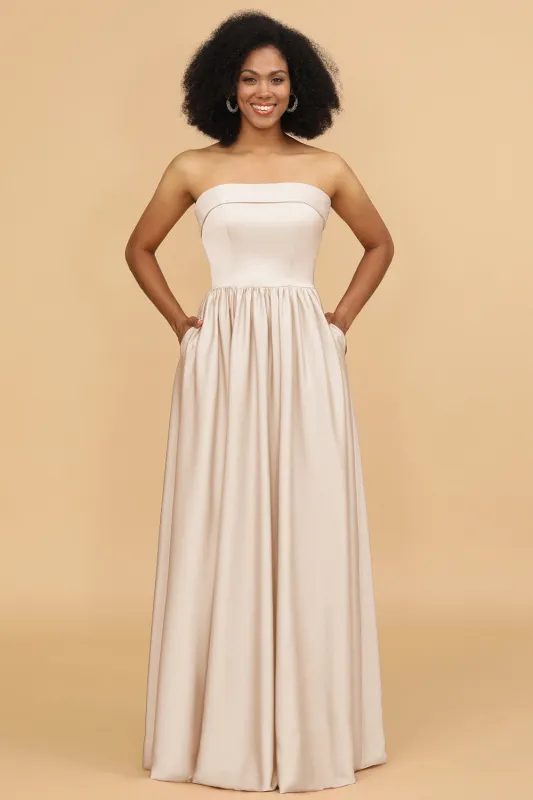 A Line Strapless Satin Floor-Length Bridesmaid Dress with Pockets sold by Wedtrend