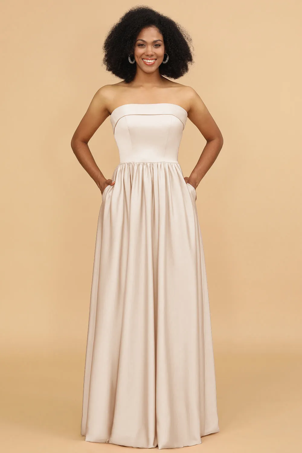 A Line Strapless Satin Floor-Length Bridesmaid Dress with Pockets sold by Wedtrend