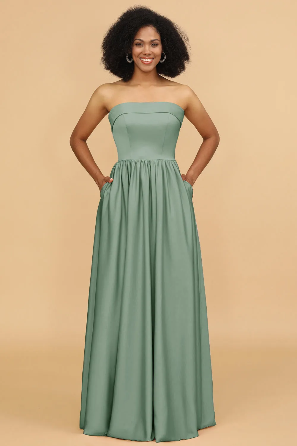 A Line Strapless Satin Floor-Length Bridesmaid Dress with Pockets sold by Wedtrend product image thumbnail 2