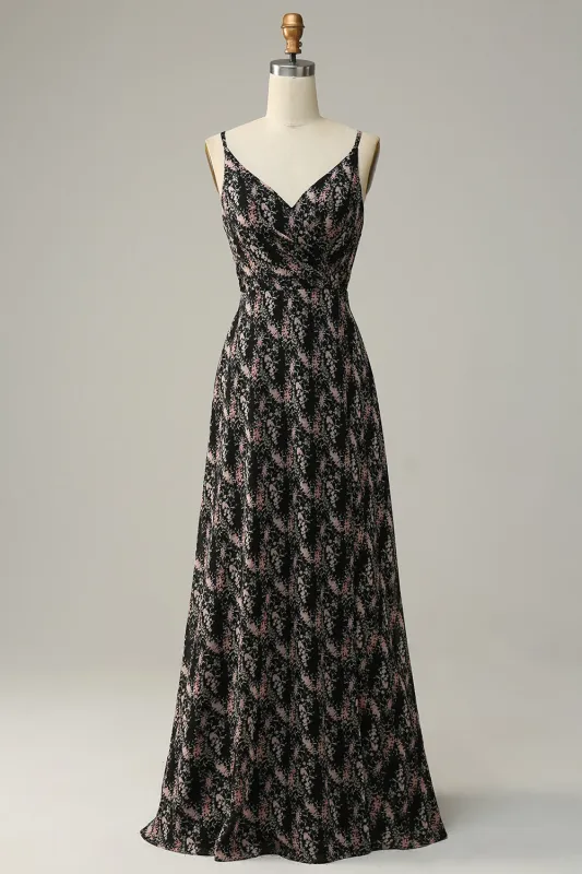 Black A Line Spaghetti Straps Floral Print Chiffon Bridesmaid Dress sold by Wedtrend