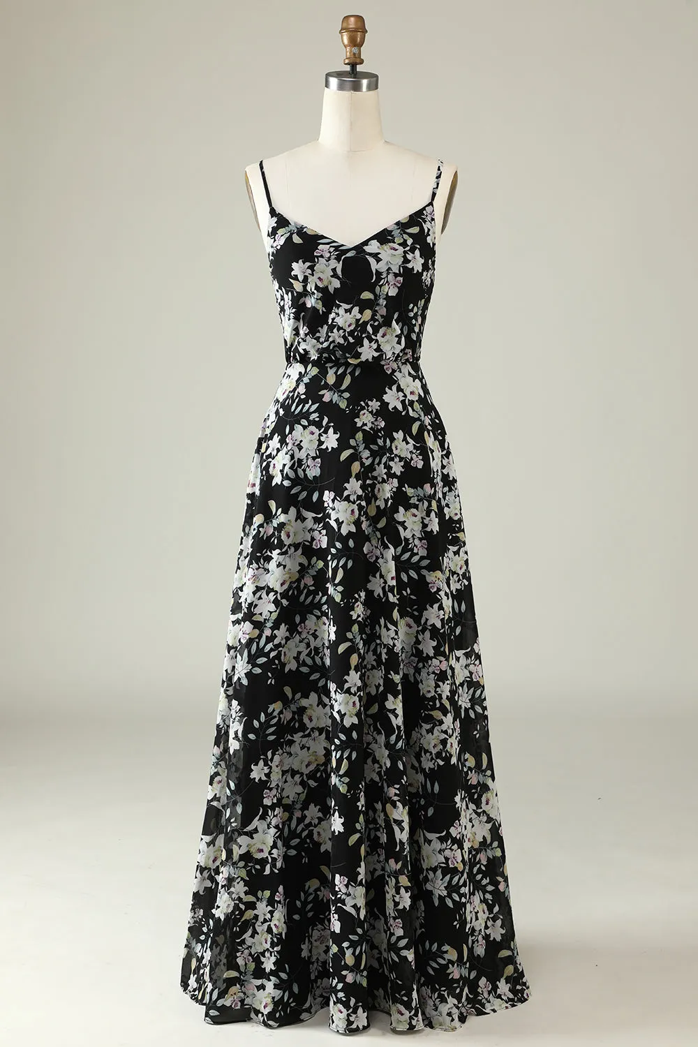 Black A Line Spaghetti Straps Floral Print Floor Length Chiffon Bridesmaid Dress sold by Wedtrend