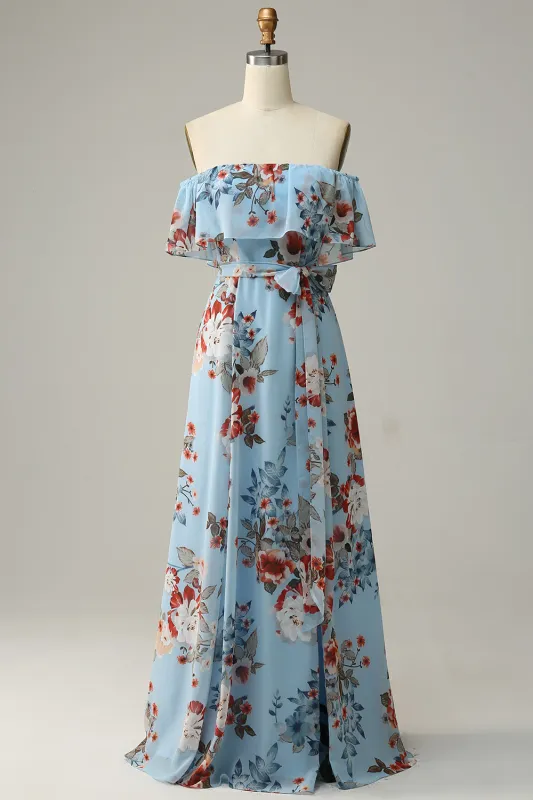 Light Blue A Line Off The Shoulder Floor Length Print Chiffon Bridesmaid Dress sold by Wedtrend