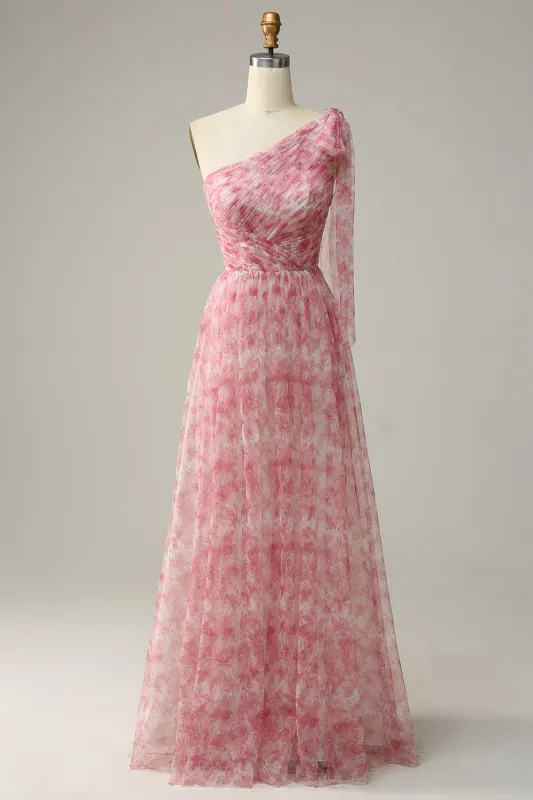 Red A Line One Shoulder Floor Length Print Tulle Bridesmaid Dress sold by Wedtrend