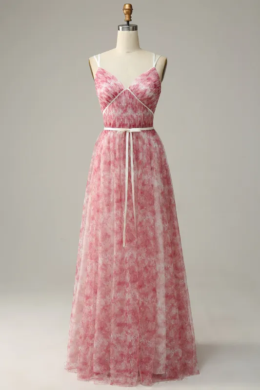 Red A Line Spaghetti Straps Floral Print Tulle Floor Length Bridesmaid Dress made by Wedtrend