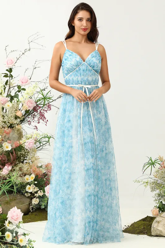 Blue A Line Spaghetti Straps Floral Print Tulle Floor Length Bridesmaid Dress sold by Wedtrend