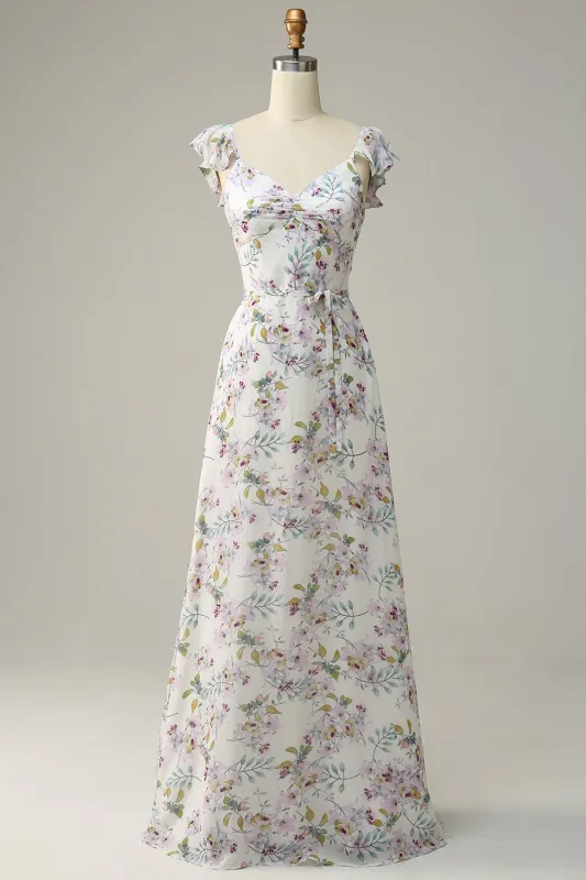 White Purple Flower A Line V Neck Floor Length Chiffon Bridesmaid Dress made by Wedtrend