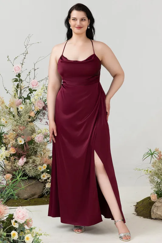 Burgundy A Line Halter Satin Plus Size Bridesmaid Dress with Slit sold by Wedtrend