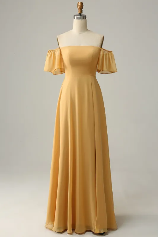 Yellow A Line Off The Shoulder Chiffon Bridesmaid Dress with Ruffles sold by Wedtrend