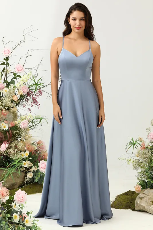 Grey Blue A Line Spaghetti Straps Bright Satin Bridesmaid Dress with Ruffles sold by Wedtrend