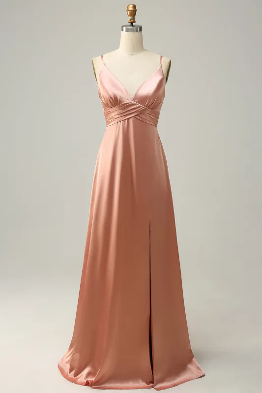 Blush A Line Spaghetti Straps Pleated Long Satin Bridesmaid Dress with Slit sold by Wedtrend