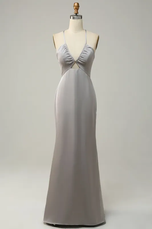 Grey Sheath Spaghetti Straps Bright Satin Bridesmaid Dress sold by Wedtrend