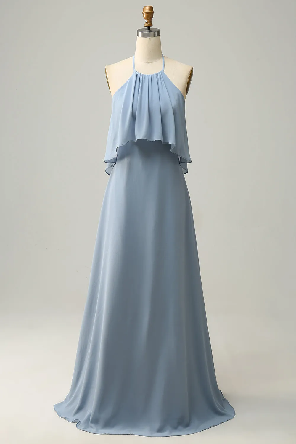 Blue A Line Halter 100D Chiffon Bridesmaid Dress with Ruffles sold by Wedtrend
