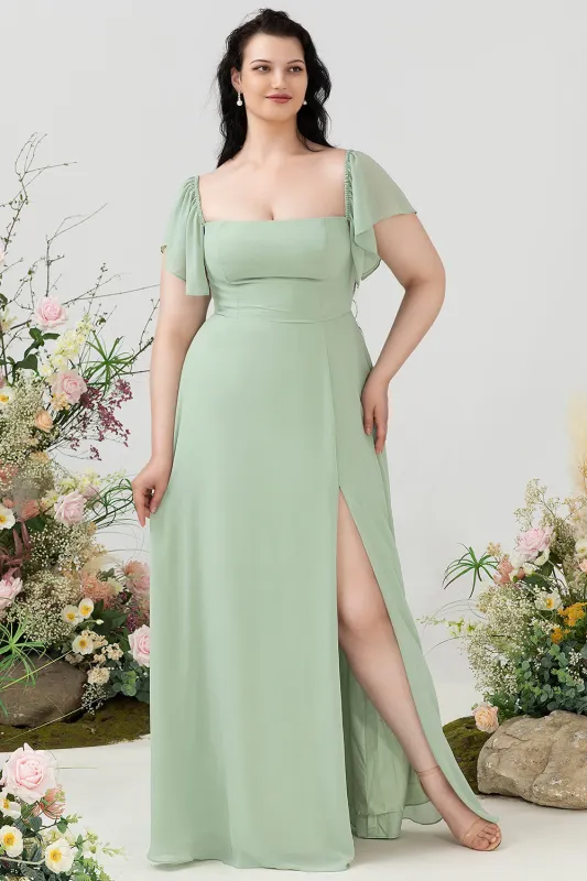 Green A Line Off the Shoulder Long Plus Size Bridesmaid Dress with Ruffles Polyester made by Wedtrend