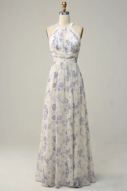 White Purple Flower Sheath Halter Backless Ruched Chiffon Bridesmaid Dress made by Wedtrend