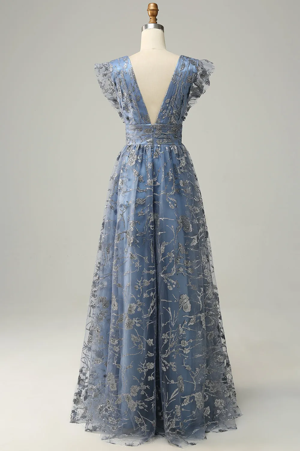 A Line Deep V Neck Grey Blue Plus Size Wedding Party Dress with Slit sold by Wedtrend product image thumbnail 2