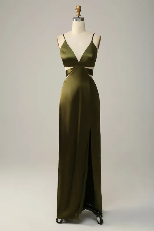 Olive Sheath Spaghetti Straps Cut Out Satin Bridesmaid Dress sold by Wedtrend