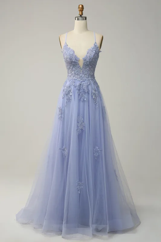 A-Line Light Purple Long Lace Up Back Prom Dress with Appliques made by Wedtrend