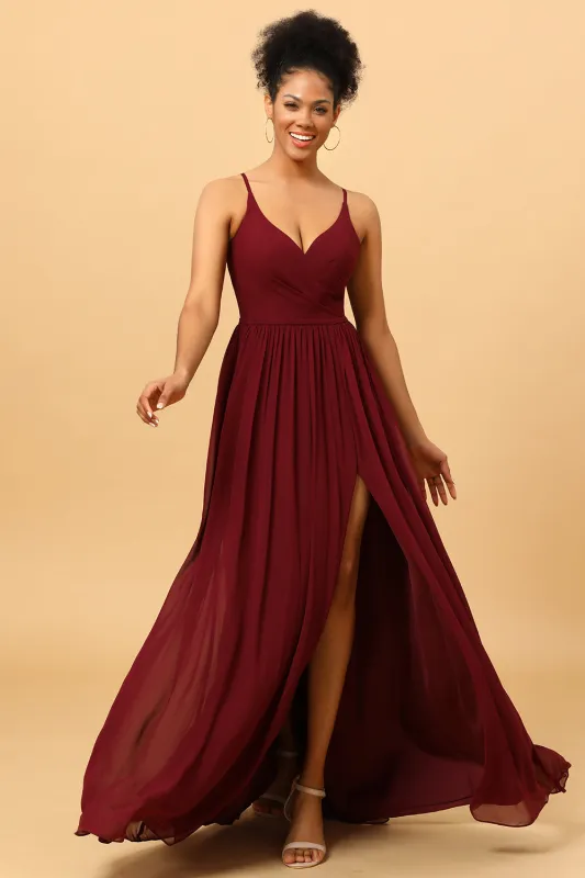 A-Line Spaghetti Straps Ruched Long Chiffon Bridesmaid Dress with Slit made by Wedtrend