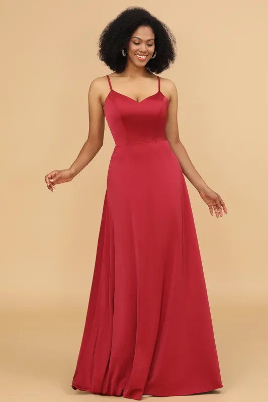 A Line Spaghetti Straps Floor Length Satin Bridesmaid Dress sold by Wedtrend