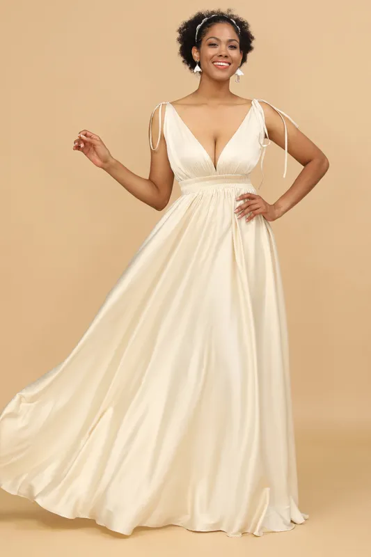 A Line Deep V-Neck Backless Floor Length Bridesmaid Dress sold by Wedtrend