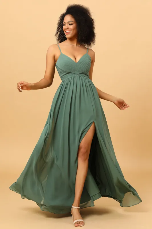 A Line Spaghetti Straps Ruched Long Chiffon Bridesmaid Dress with Slit sold by Wedtrend