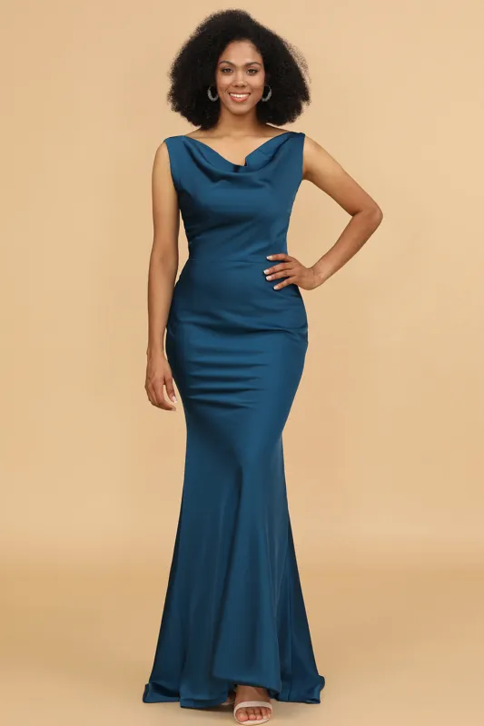 Mermaid Cowl Neck Backless Long Satin Bridesmaid Dress sold by Wedtrend
