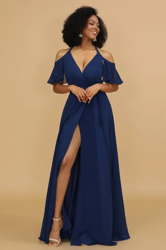 A Line Halter Cold Shoulder Chiffon Bridesmaid Dress with Slit made by Wedtrend
